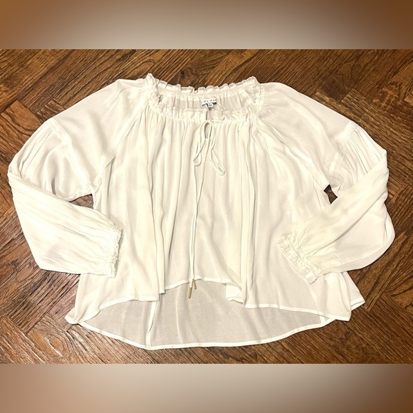 Miou Muse White Peasant Top Blouse Drawstring Neck L NEW - Picture 5 of 7